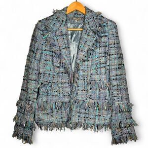 Serena Kay Paris Blue  Tweed Fringe Blazer Jacket Made in France Size 36 Medium